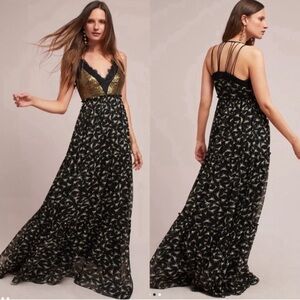 Anthropologie Ranna Gill Black Floral and Gold Sequin Maxi Dress Sz 2